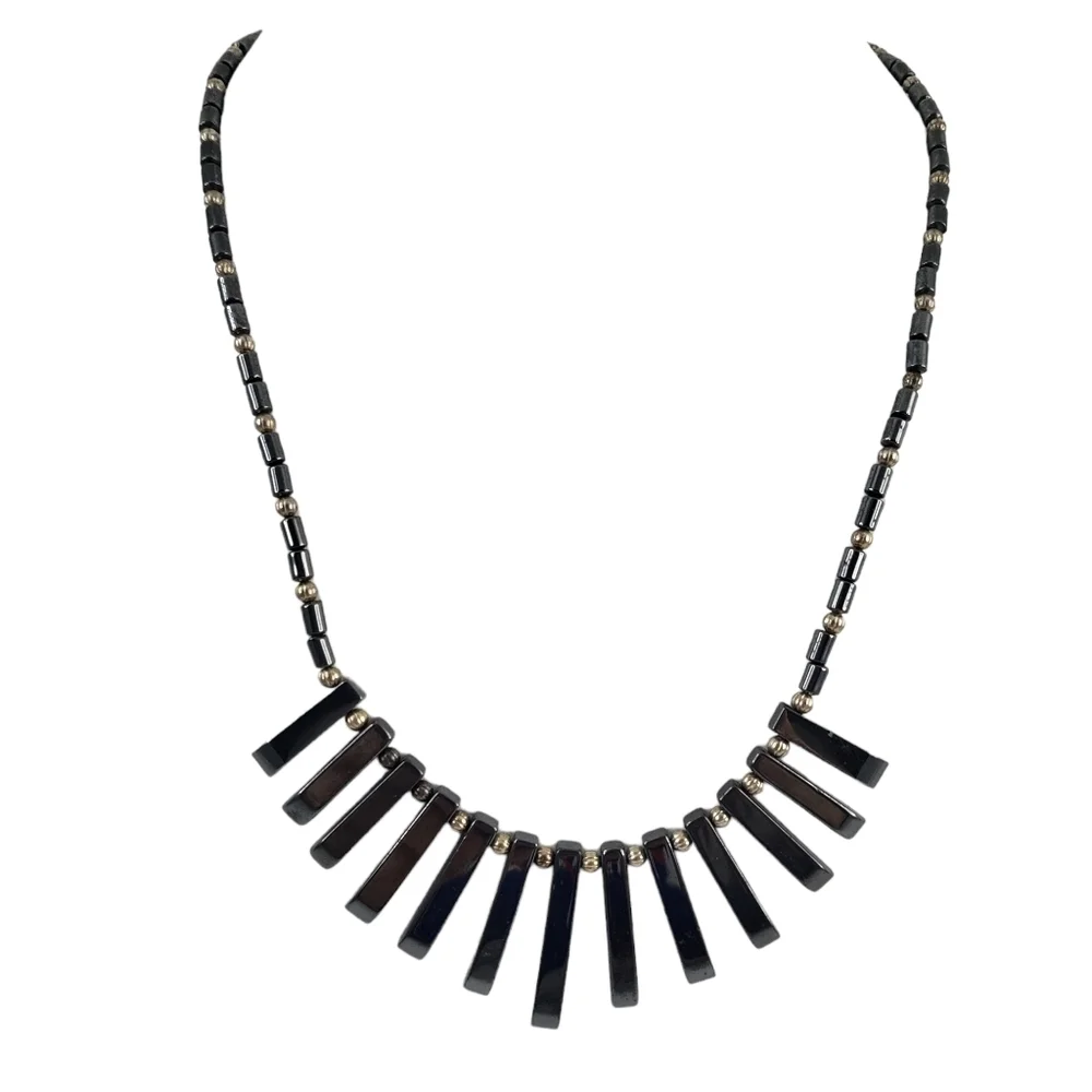 Vintage hematite statement necklace antique silver tone